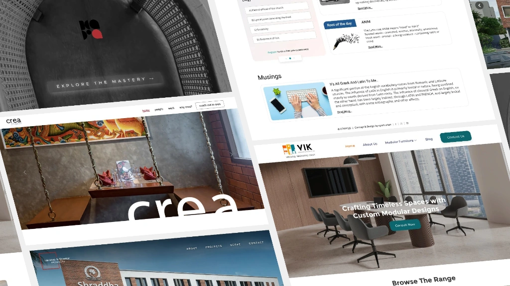 UI/UX Design Portfolio Showcase - Studio Kara, Crea, VIK Modular, Shraddha